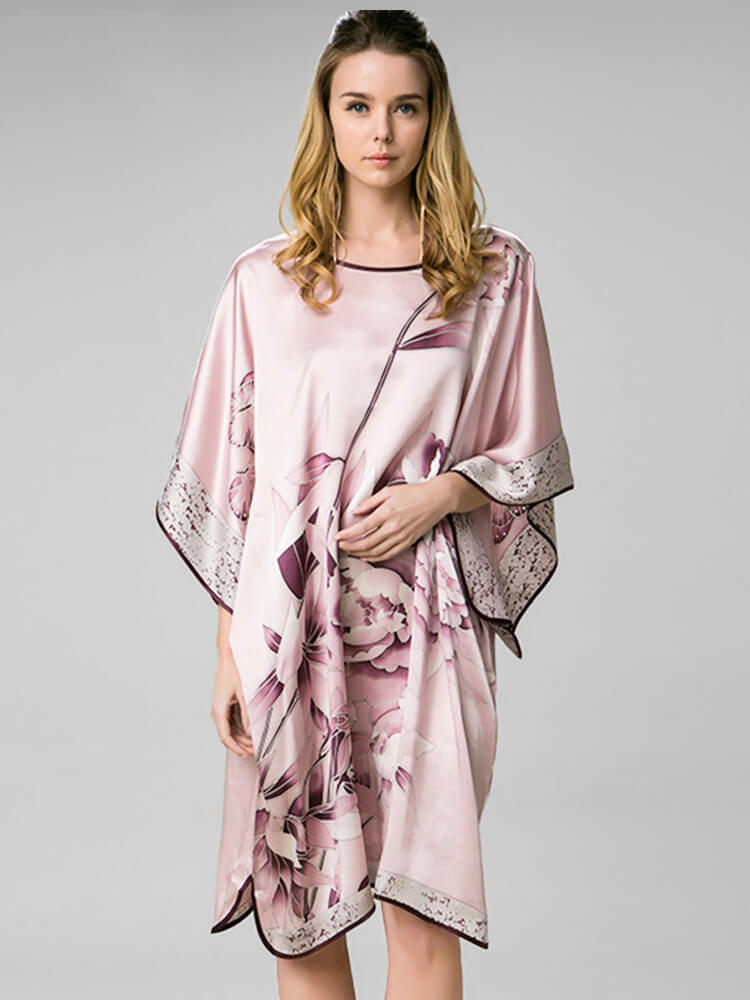 22 Momme Pink Peony Floral Silk Kimono Kaftan Nightdress