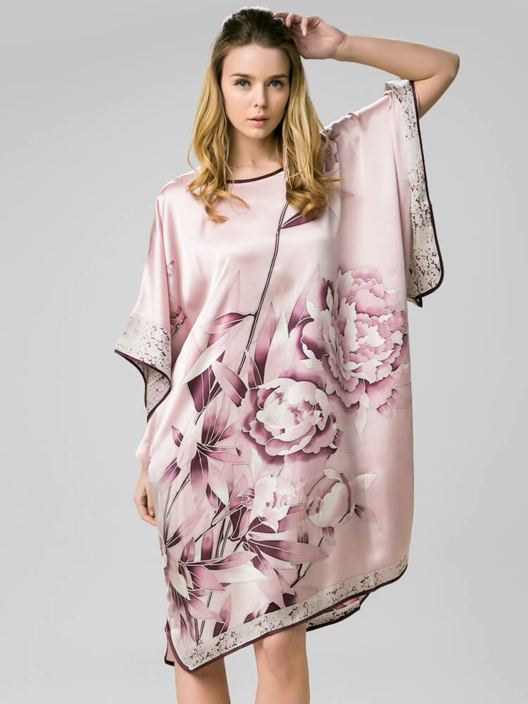 22 Momme Pink Peony Floral Silk Kimono Kaftan Nightdress