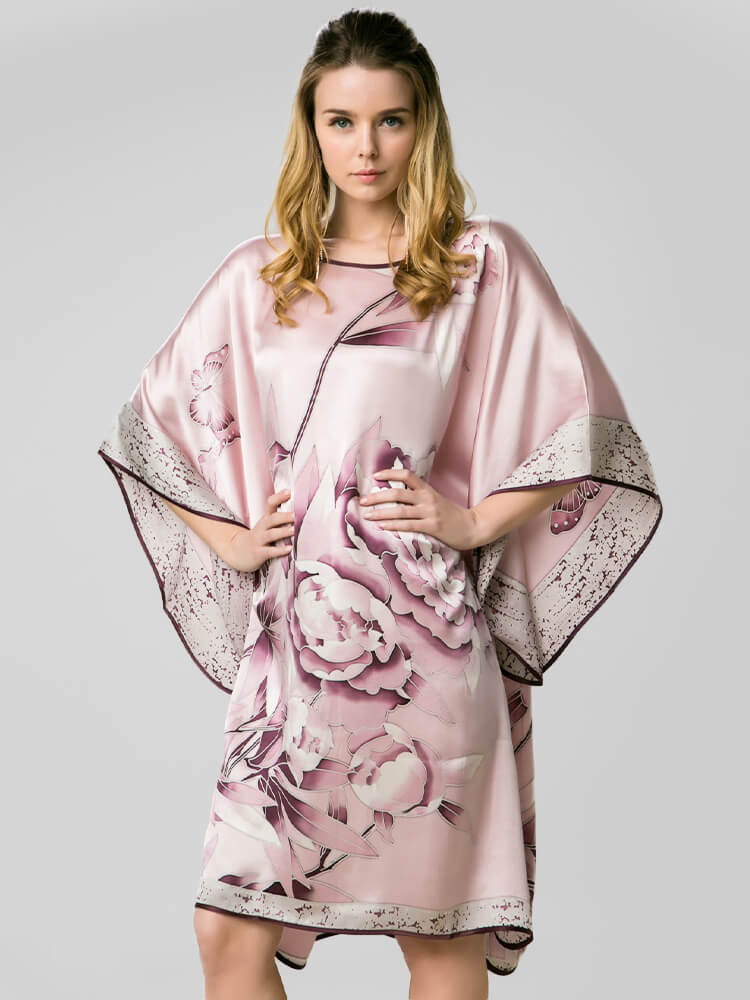 22 Momme Pink Peony Floral Silk Kimono Kaftan Nightdress