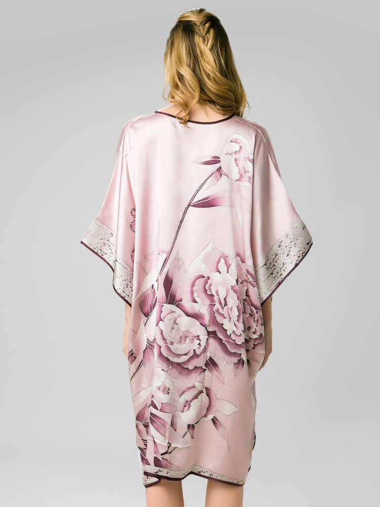 22 Momme Pink Peony Floral Silk Kimono Kaftan Nightdress