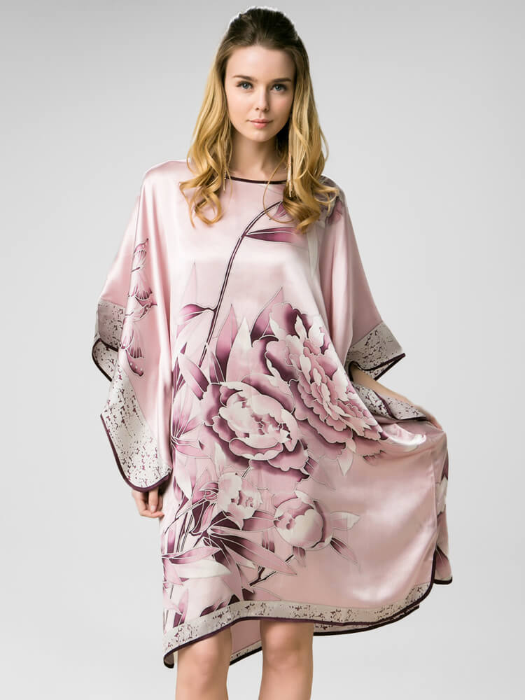 22 Momme Pink Peony Floral Silk Kimono Kaftan Nightdress