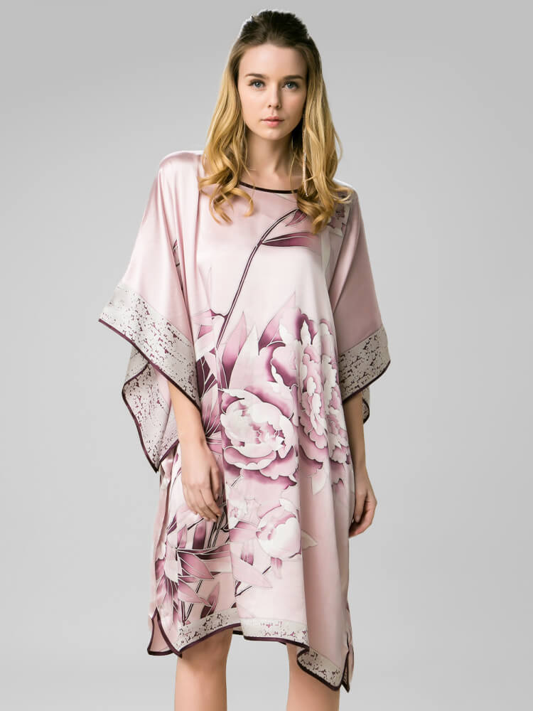 22 Momme Pink Peony Floral Silk Kimono Kaftan Nightdress