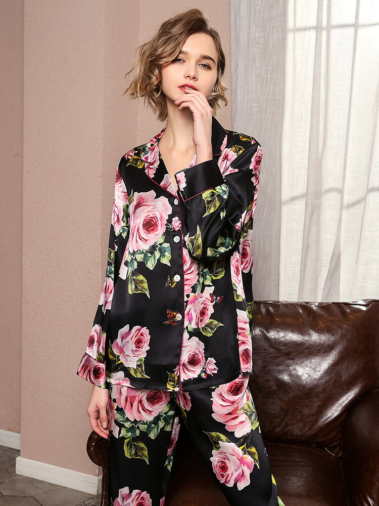 22 Momme Rose Floral Long Sleeve Silk Pajama Set Contrast Piping