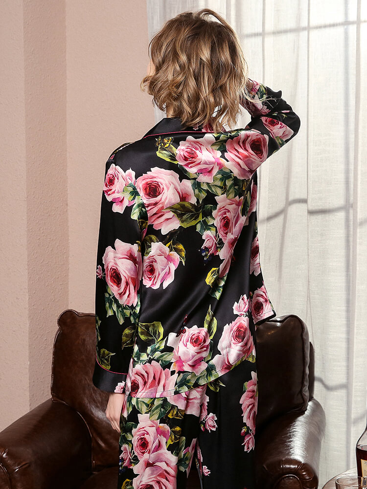 22 Momme Rose Floral Long Sleeve Silk Pajama Set Contrast Piping