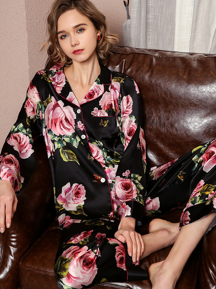 22 Momme Rose Floral Long Sleeve Silk Pajama Set Contrast Piping