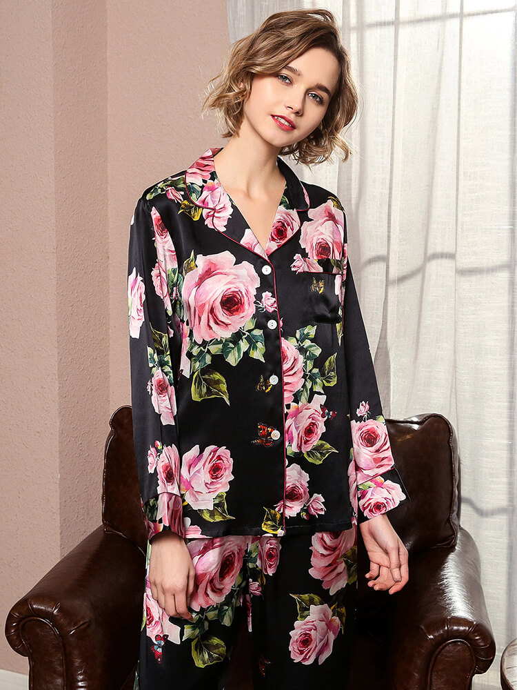 22 Momme Rose Floral Long Sleeve Silk Pajama Set Contrast Piping