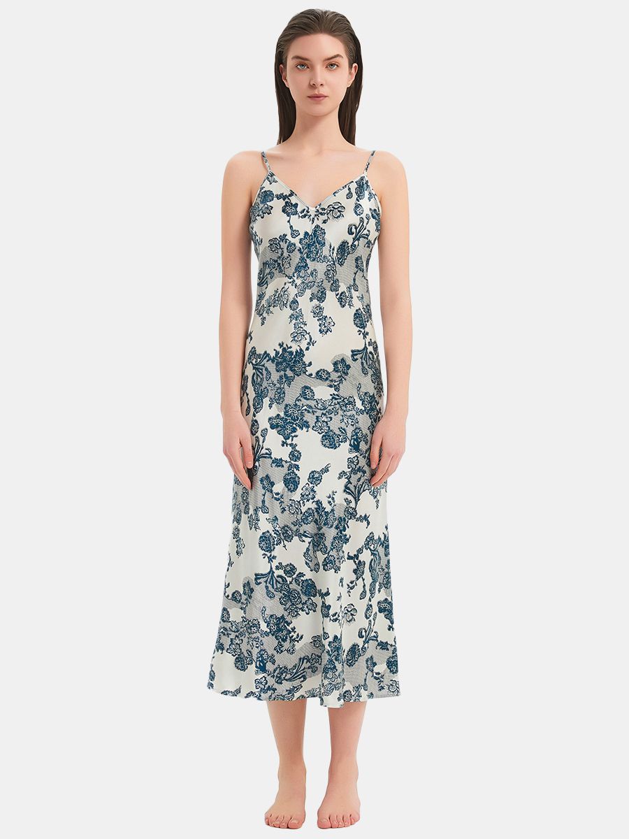 22 Momme White and Blue Vintage Floral Print Silk Midi Chemise