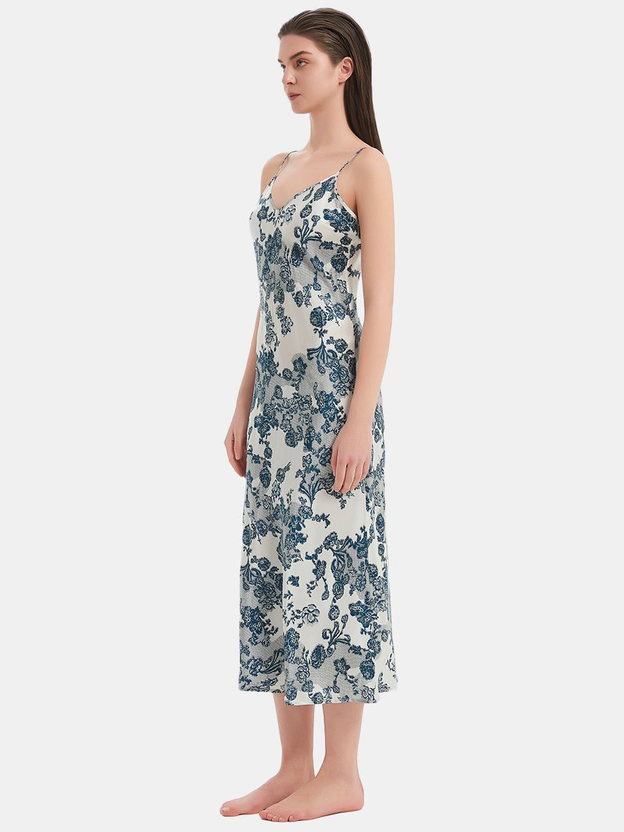 22 Momme White and Blue Vintage Floral Print Silk Midi Chemise