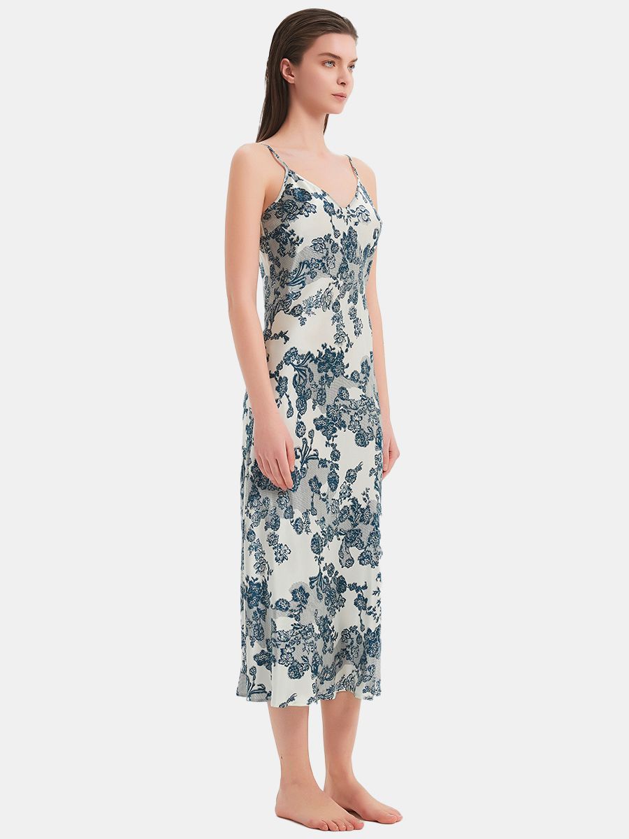 22 Momme White and Blue Vintage Floral Print Silk Midi Chemise
