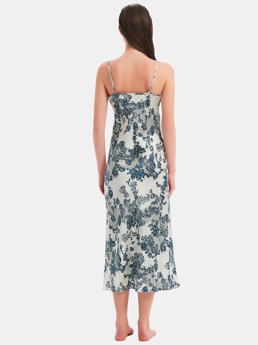 22 Momme White and Blue Vintage Floral Print Silk Midi Chemise