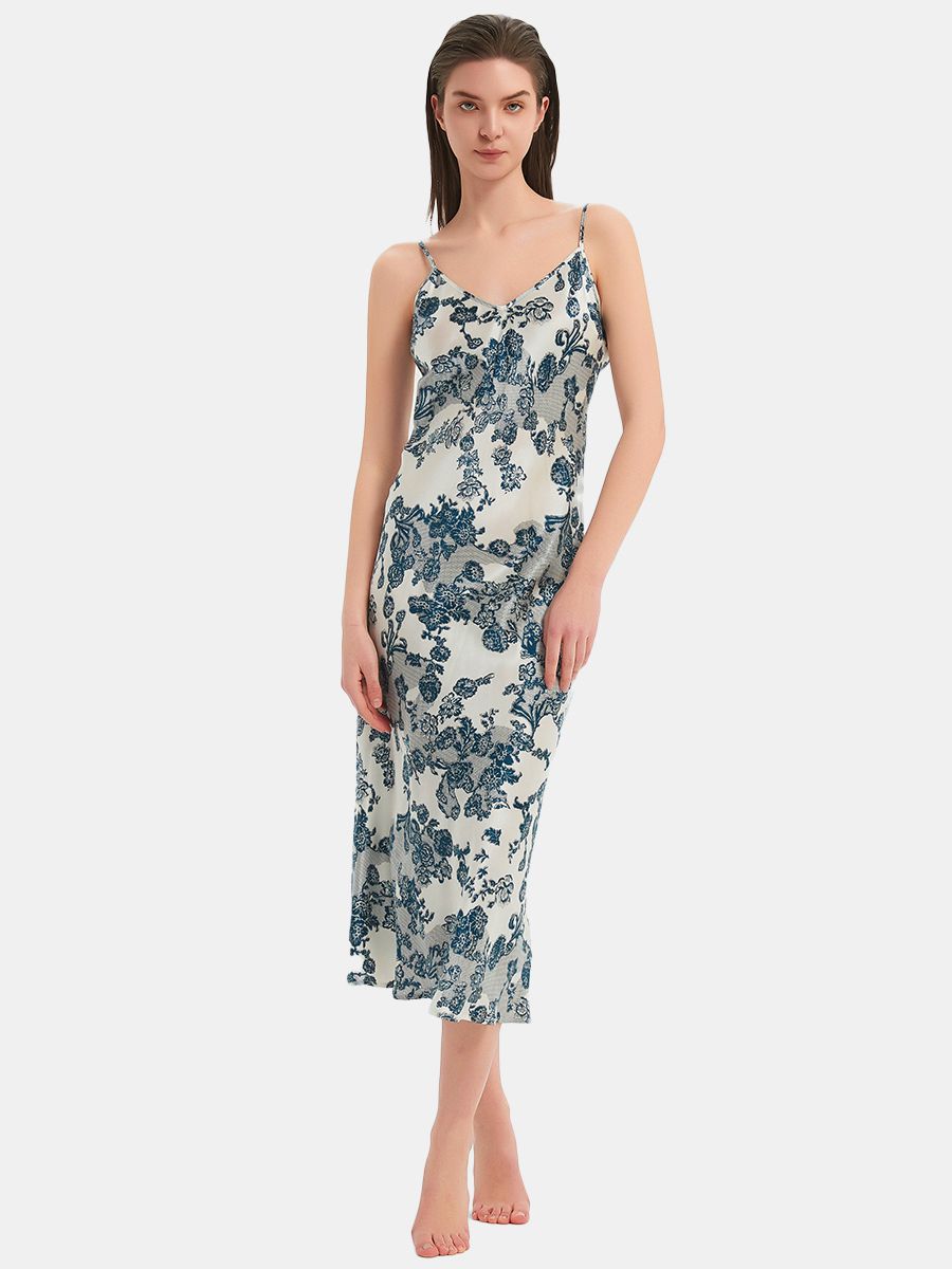 22 Momme White and Blue Vintage Floral Print Silk Midi Chemise