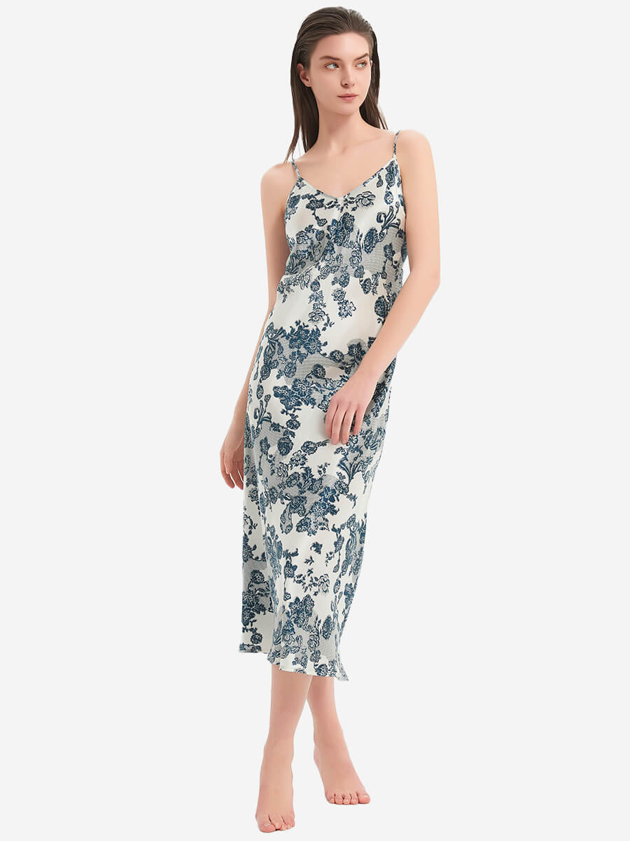 22 Momme White and Blue Vintage Floral Print Silk Midi Chemise