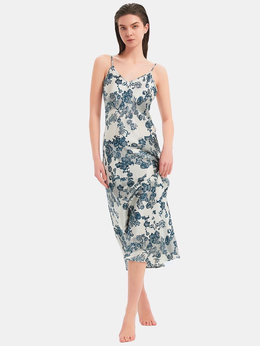 22 Momme White and Blue Vintage Floral Print Silk Midi Chemise