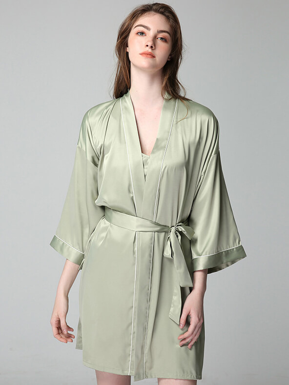 22 Momme Piped Short Silk Bride and Bridesmaids Bathrobe