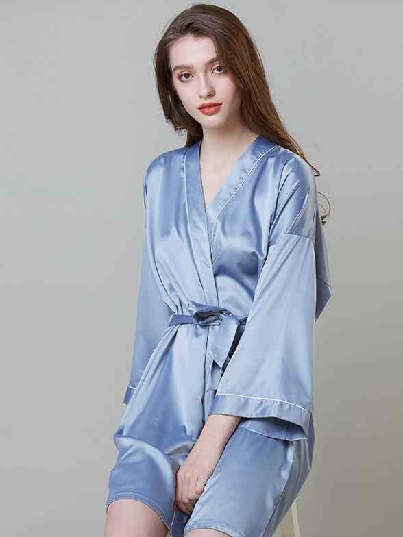 22 Momme Piped Short Silk Bride and Bridesmaids Bathrobe