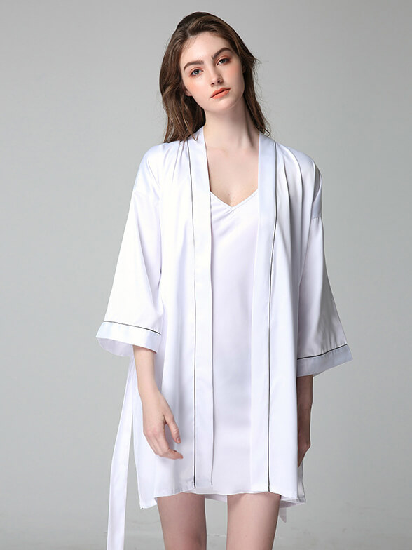 22 Momme Piped Short Silk Bride and Bridesmaids Bathrobe