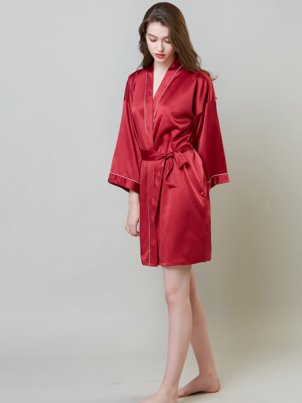 22 Momme Piped Short Silk Bride and Bridesmaids Bathrobe