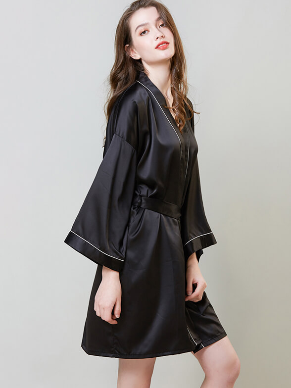 22 Momme Piped Short Silk Bride and Bridesmaids Bathrobe