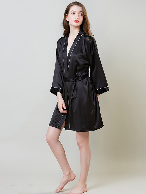 22 Momme Piped Short Silk Bride and Bridesmaids Bathrobe