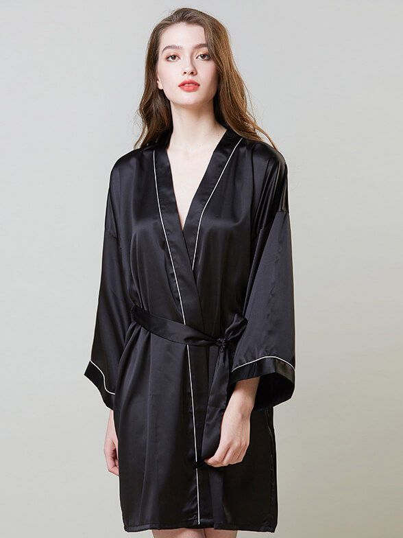 22 Momme Piped Short Silk Bride and Bridesmaids Bathrobe