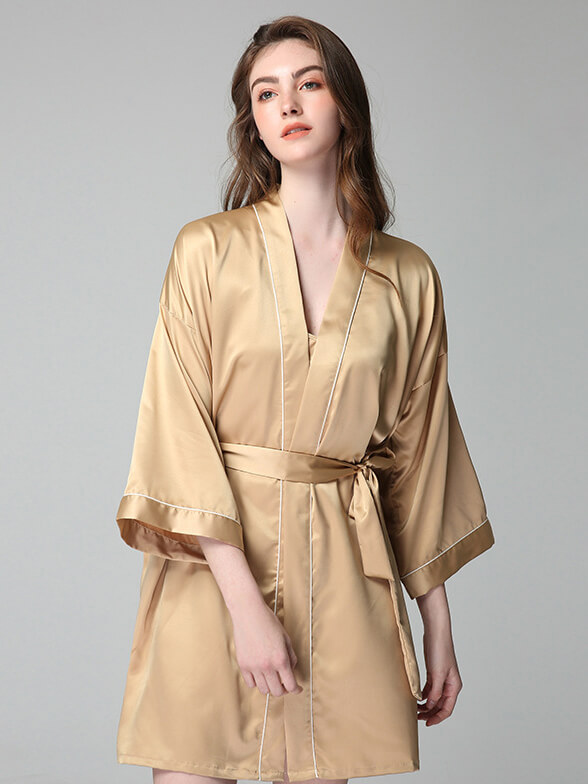 22 Momme Piped Short Silk Bride and Bridesmaids Bathrobe