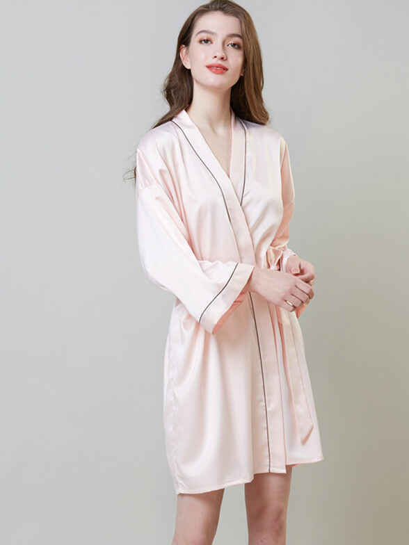 22 Momme Piped Short Silk Bride and Bridesmaids Bathrobe