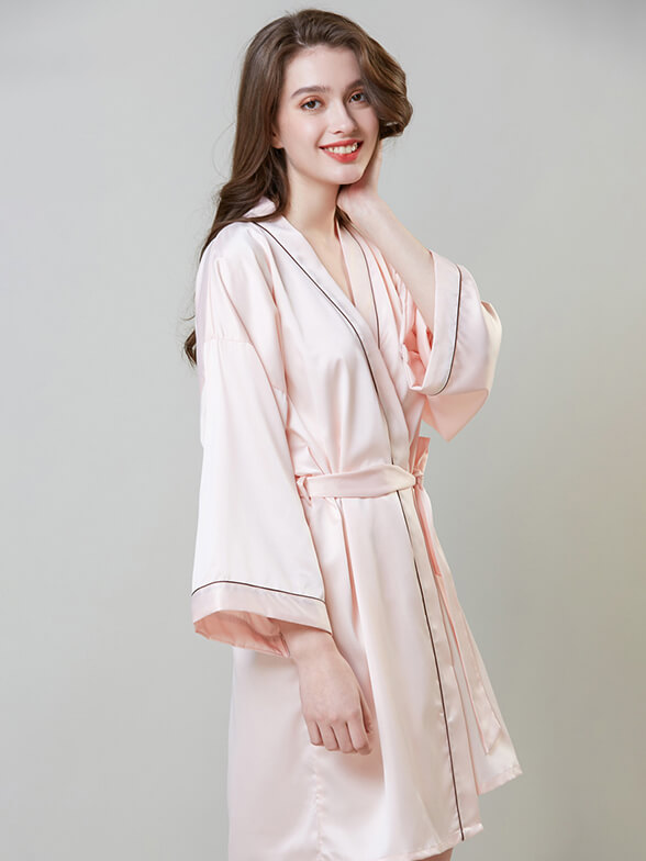 22 Momme Piped Short Silk Bride and Bridesmaids Bathrobe