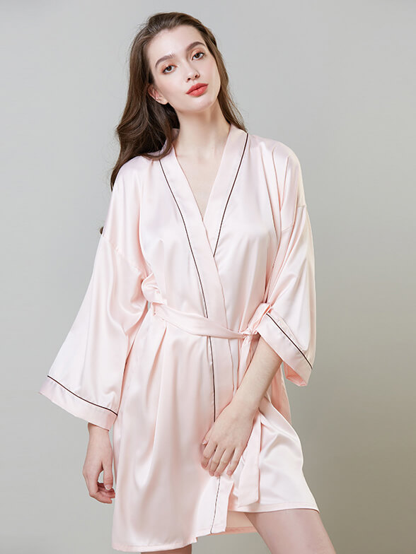 22 Momme Piped Short Silk Bride and Bridesmaids Bathrobe