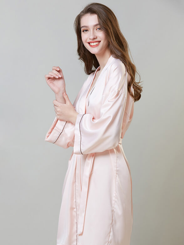 22 Momme Piped Short Silk Bride and Bridesmaids Bathrobe