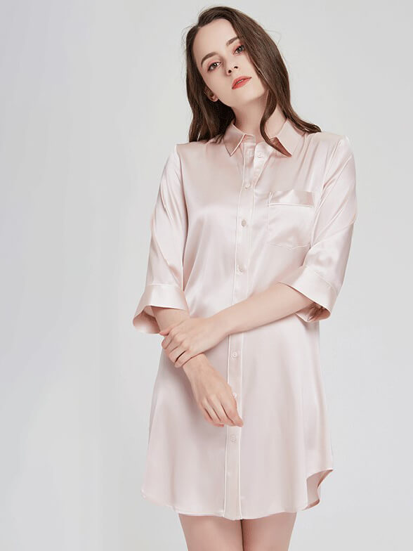 22 Momme Elegant Collar 3/4 Sleeve Button-Down Silk Nightshirt