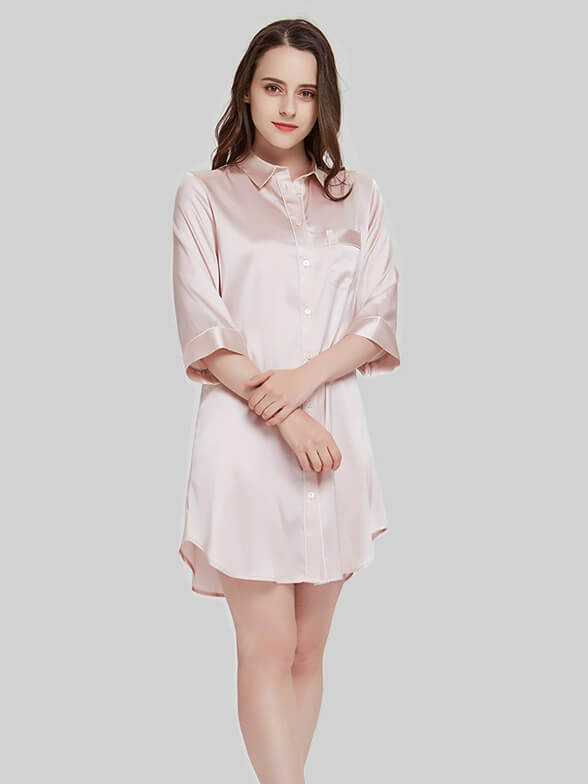 22 Momme Elegant Collar 3/4 Sleeve Button-Down Silk Nightshirt