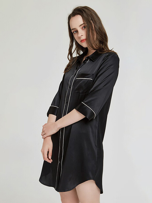 22 Momme Elegant Collar 3/4 Sleeve Button-Down Silk Nightshirt