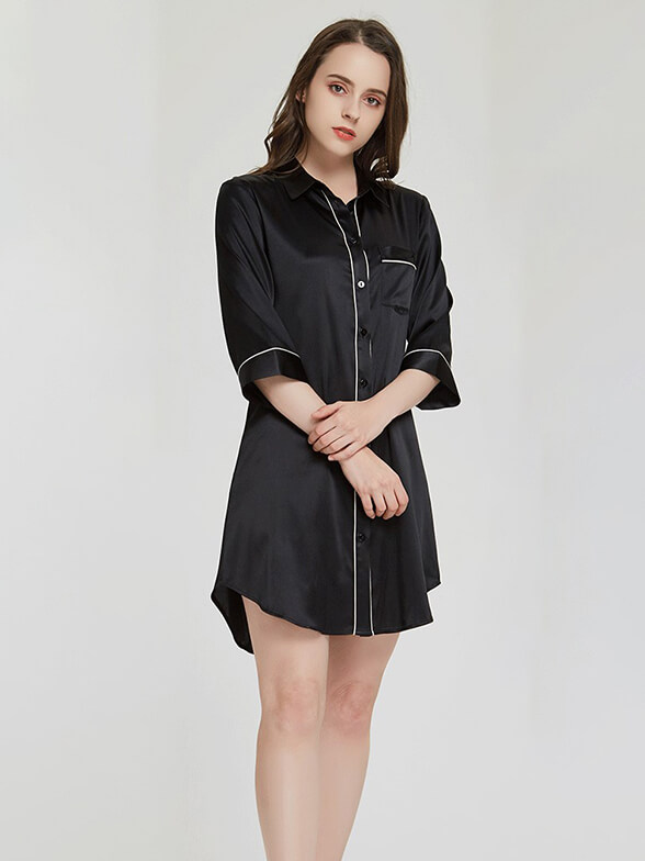 22 Momme Elegant Collar 3/4 Sleeve Button-Down Silk Nightshirt
