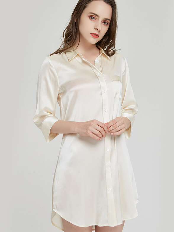 22 Momme Elegant Collar 3/4 Sleeve Button-Down Silk Nightshirt