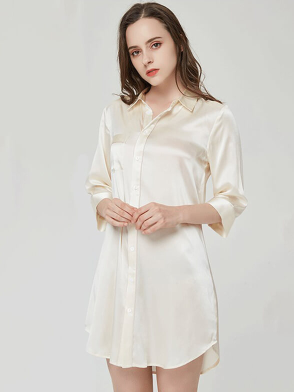 22 Momme Elegant Collar 3/4 Sleeve Button-Down Silk Nightshirt