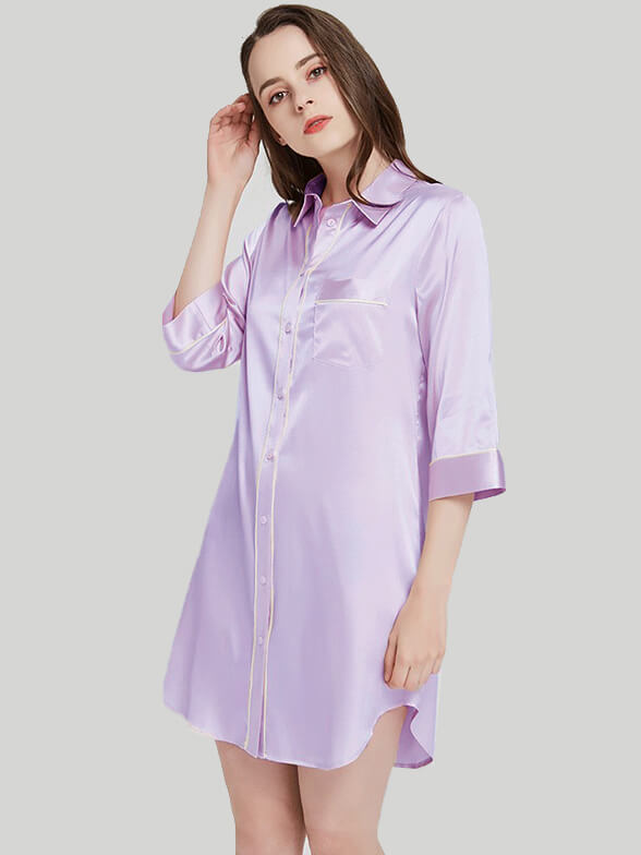 22 Momme Elegant Collar 3/4 Sleeve Button-Down Silk Nightshirt