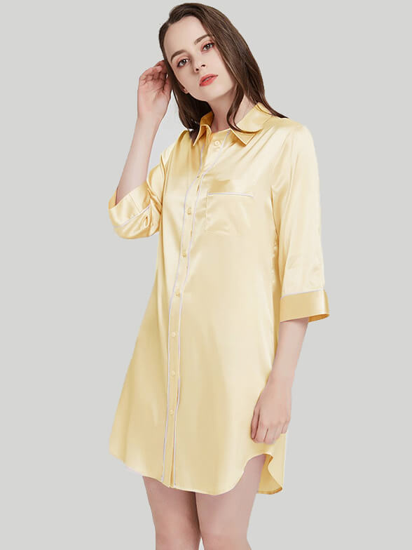 22 Momme Elegant Collar 3/4 Sleeve Button-Down Silk Nightshirt