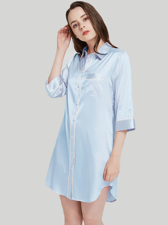 22 Momme Elegant Collar 3/4 Sleeve Button-Down Silk Nightshirt