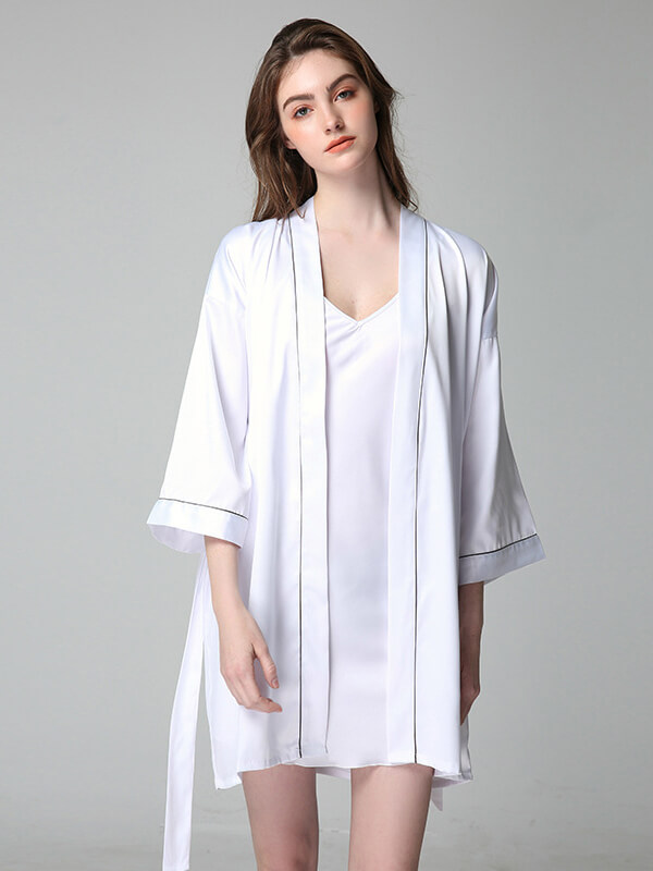 22 Momme Classic Silk Nightgown and Robe Set with Piping