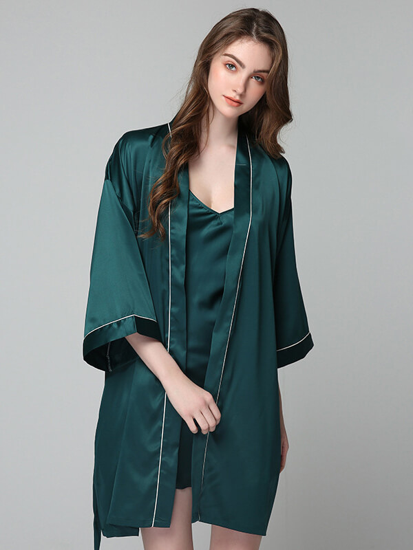 22 Momme Classic Silk Nightgown and Robe Set with Piping