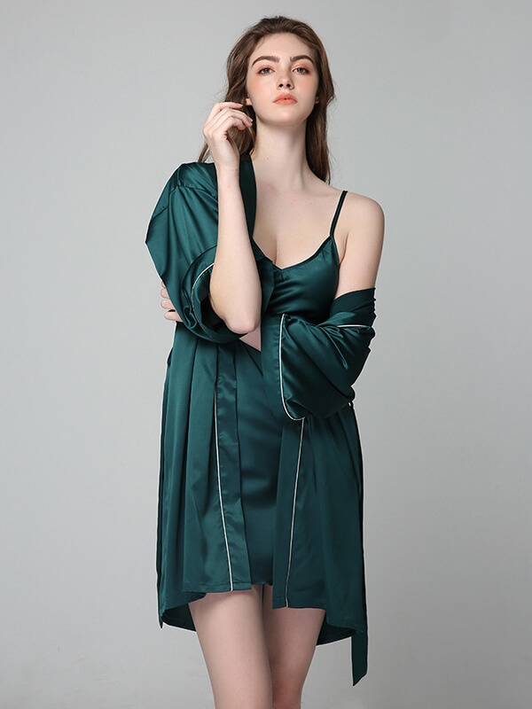 22 Momme Classic Silk Nightgown and Robe Set with Piping