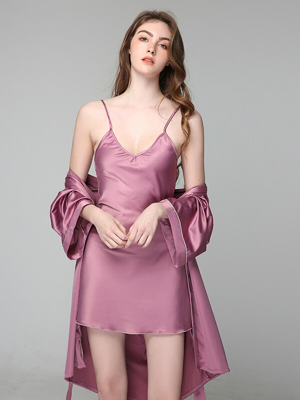 22 Momme Classic Silk Nightgown and Robe Set with Piping