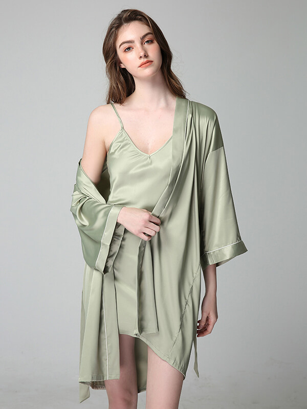 22 Momme Classic Silk Nightgown and Robe Set with Piping