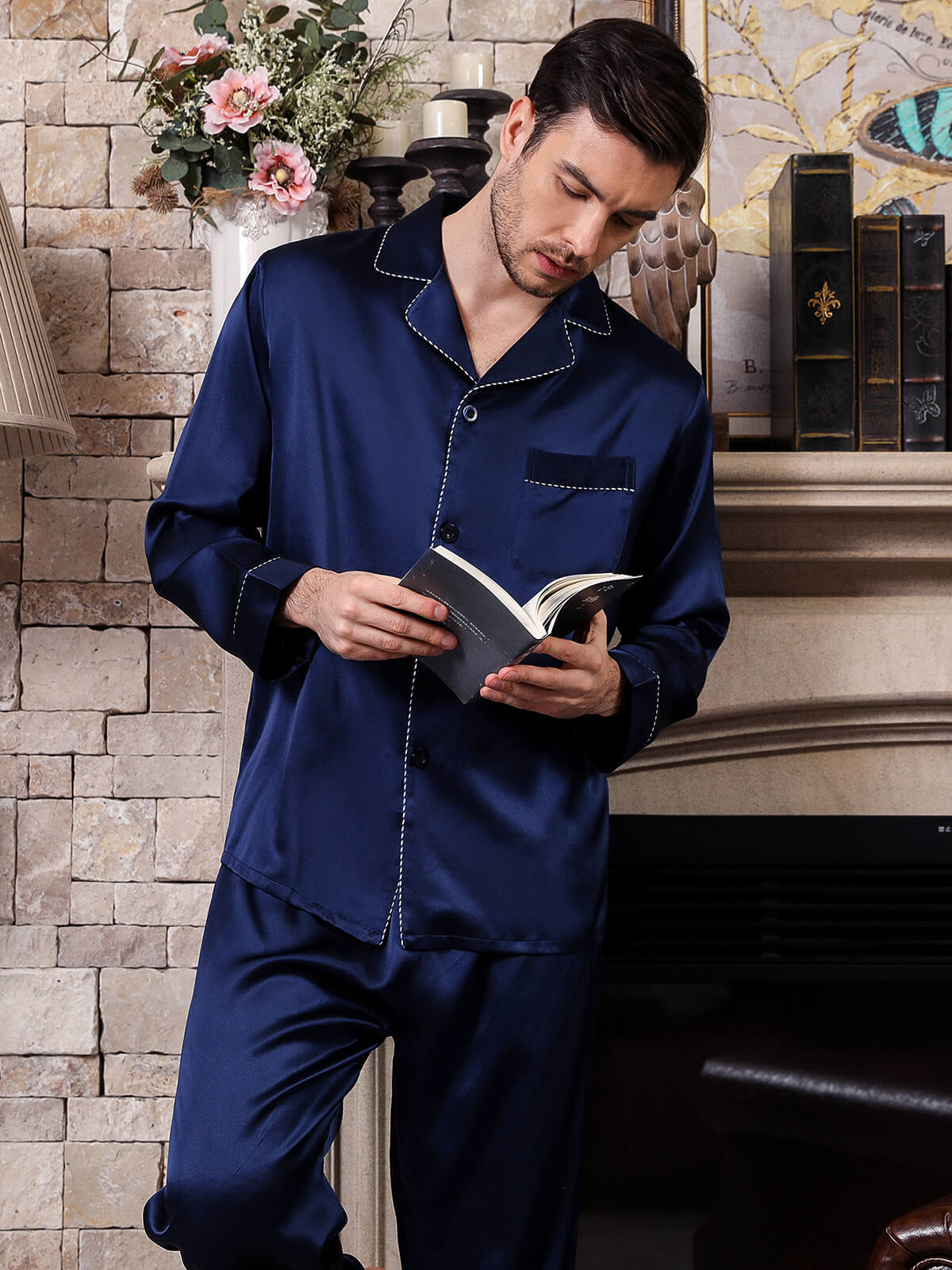 22 Momme Men's Classic Navy Blue Button-Down Silk Pajama Set