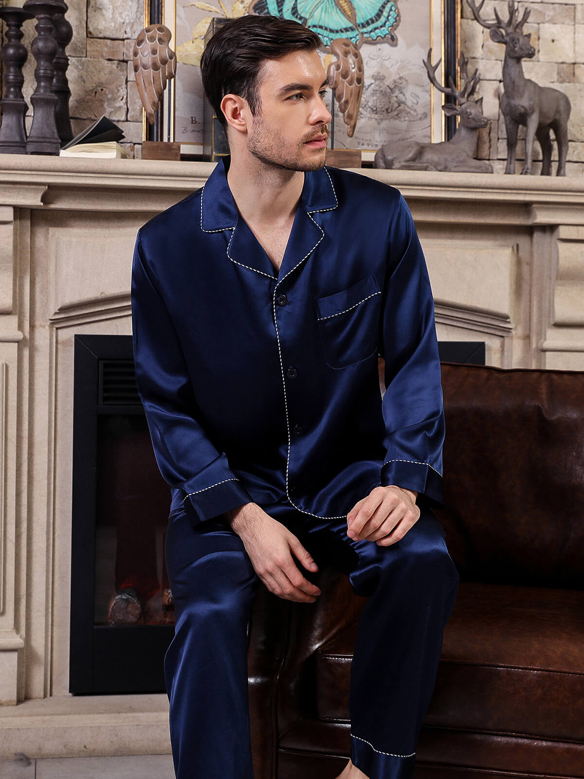 22 Momme Men's Classic Navy Blue Button-Down Silk Pajama Set