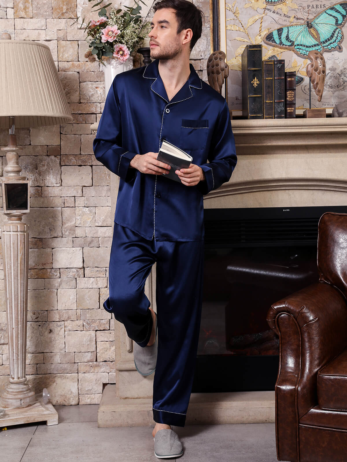 22 Momme Men's Classic Navy Blue Button-Down Silk Pajama Set