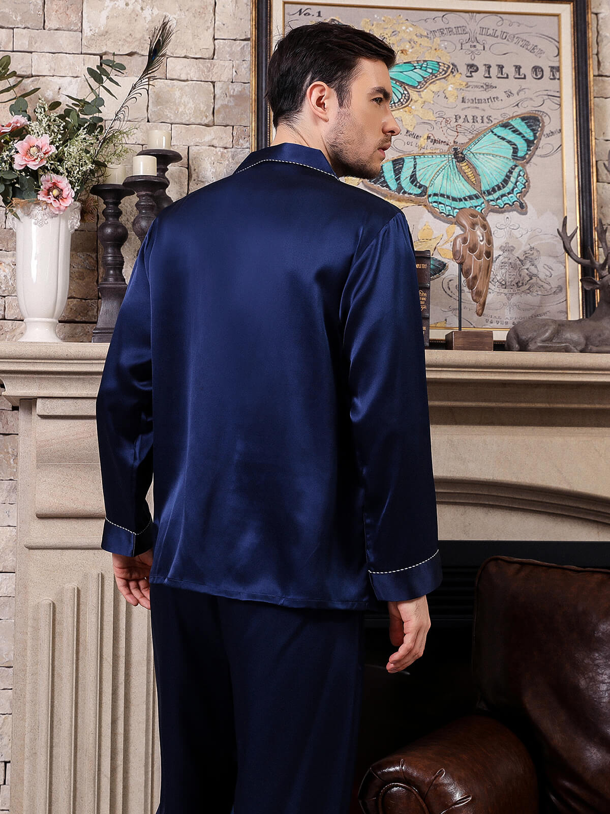 22 Momme Men's Classic Navy Blue Button-Down Silk Pajama Set