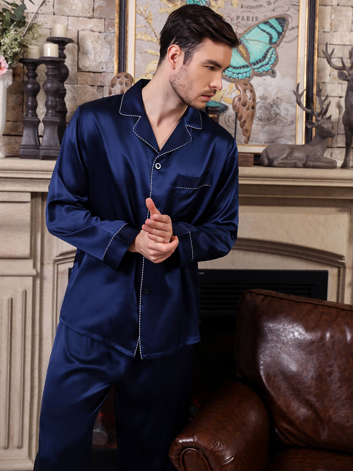 22 Momme Men's Classic Navy Blue Button-Down Silk Pajama Set