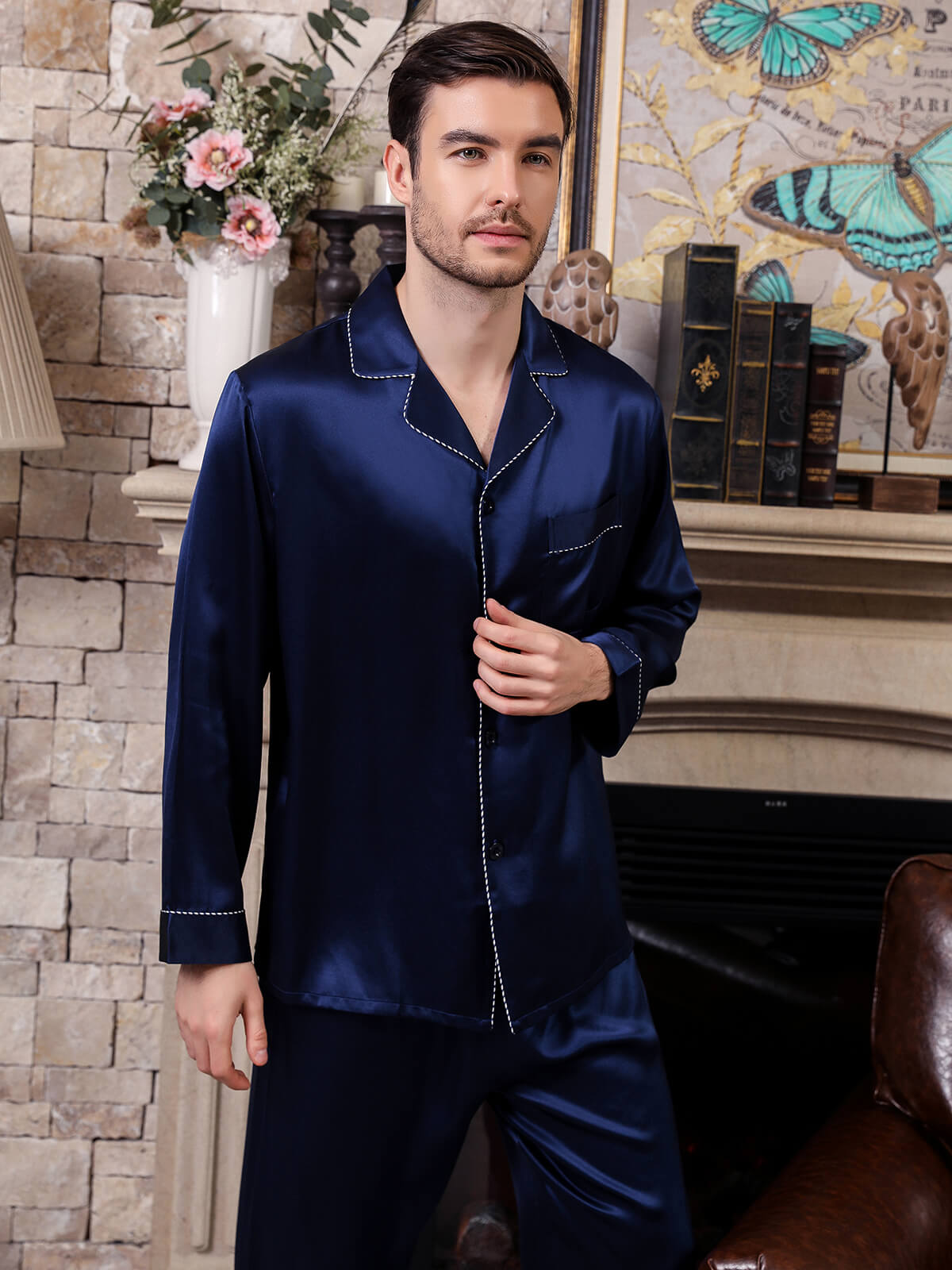 22 Momme Men's Classic Navy Blue Button-Down Silk Pajama Set