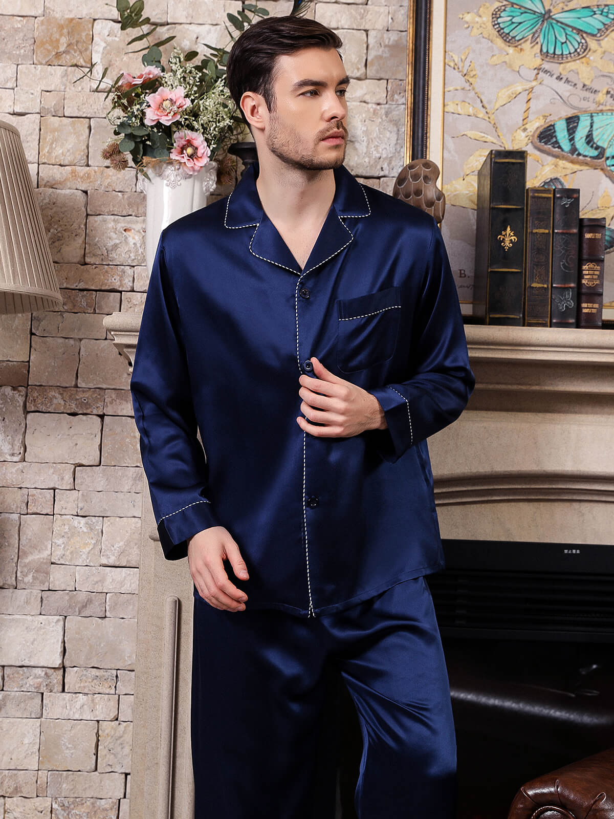 22 Momme Men's Classic Navy Blue Button-Down Silk Pajama Set